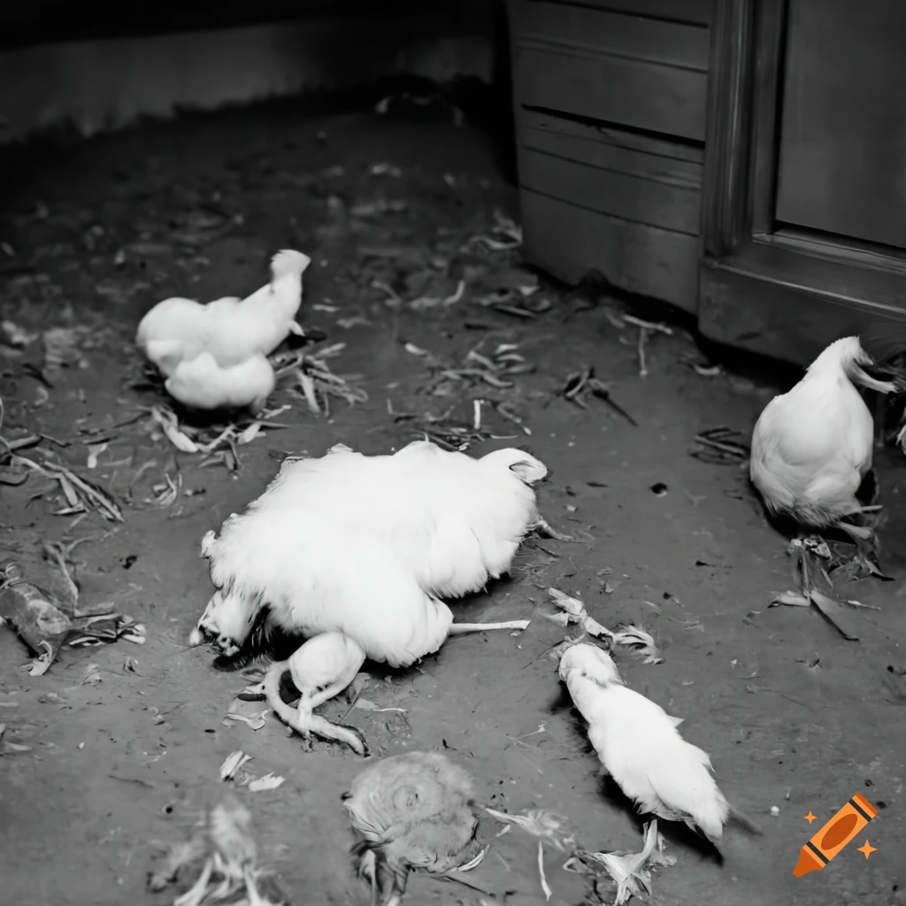Jelly fungus chicken surrounded by small chickens in airport poultry farming setting, black and white