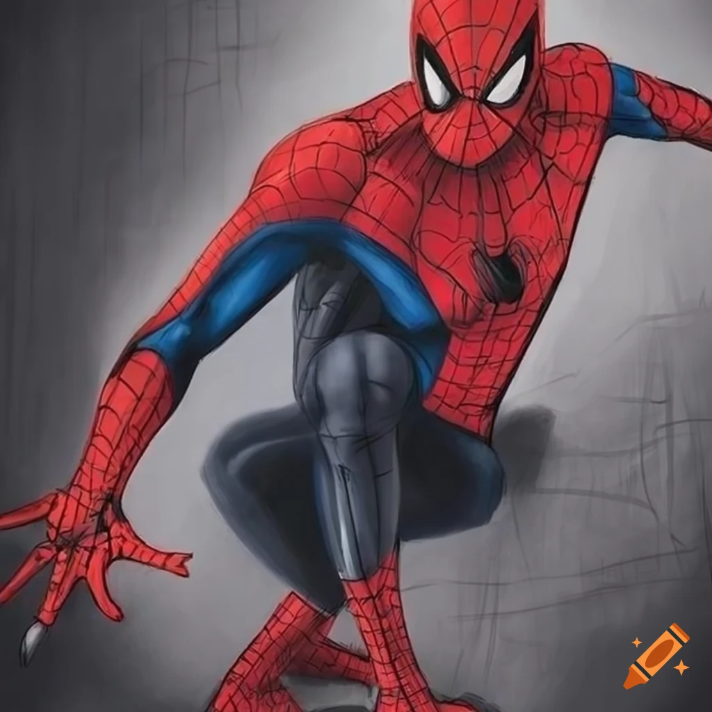 Stylish Spiderman with headphones posing in a pencil sketch