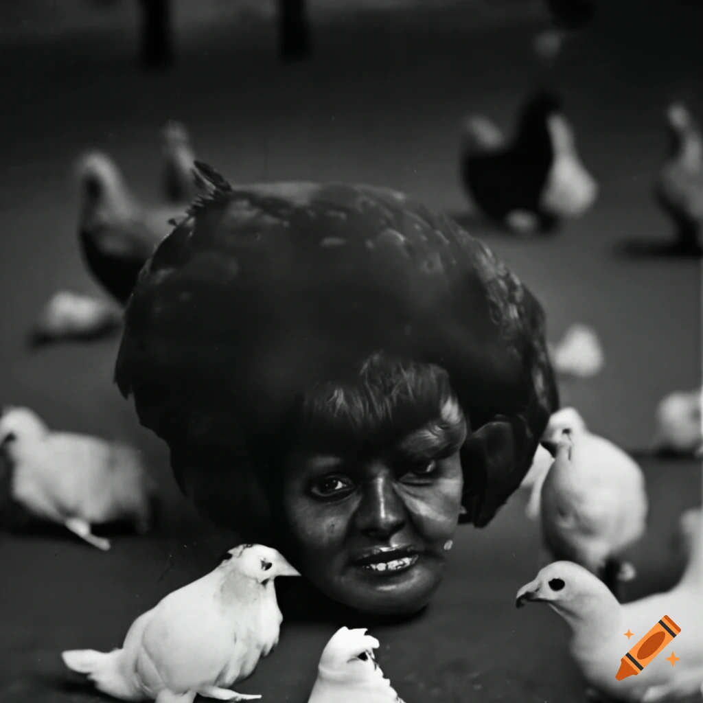 Jelly fungus on a wig head with a group of chickens and trash in an airport hall
