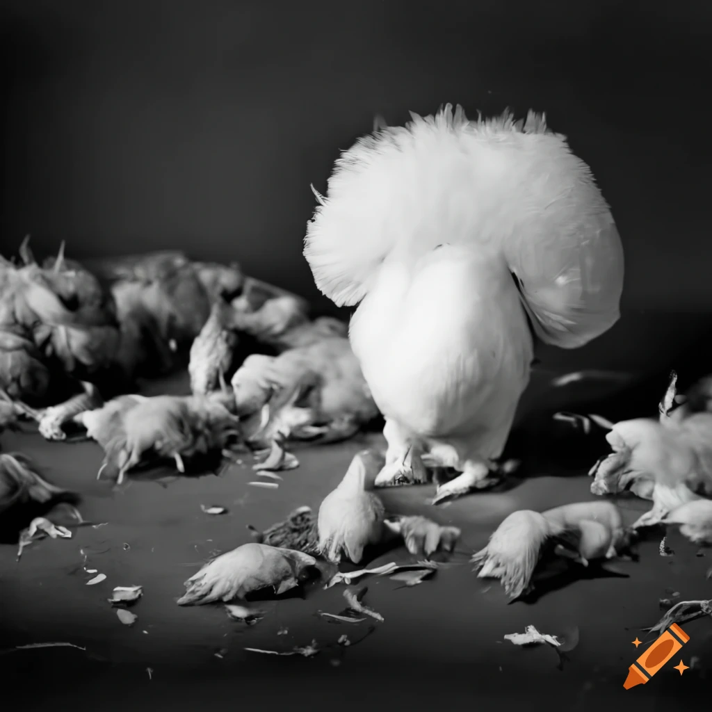 Jelly fungus with white chicken and swarming chickens in a vintage airport hall