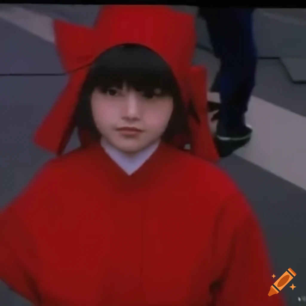 Reimu hakurei in red tracksuit walking to a shopping center in a 1980s