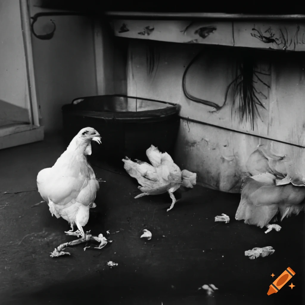 Jelly fungus wig head livestock farming white chicken with small chicks and trash in an airport hall