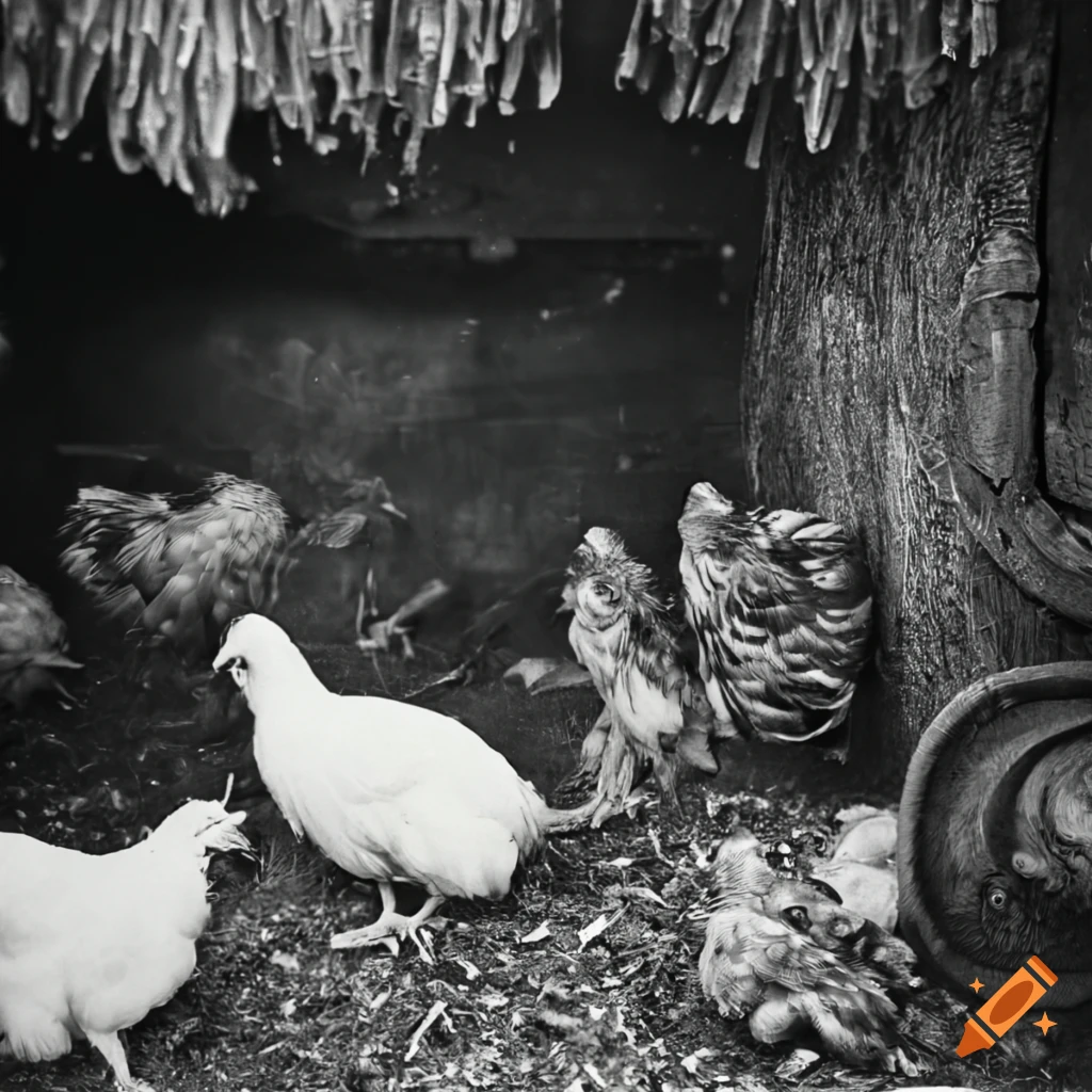 Jelly fungus and chickens in a dirty poultry farming setting