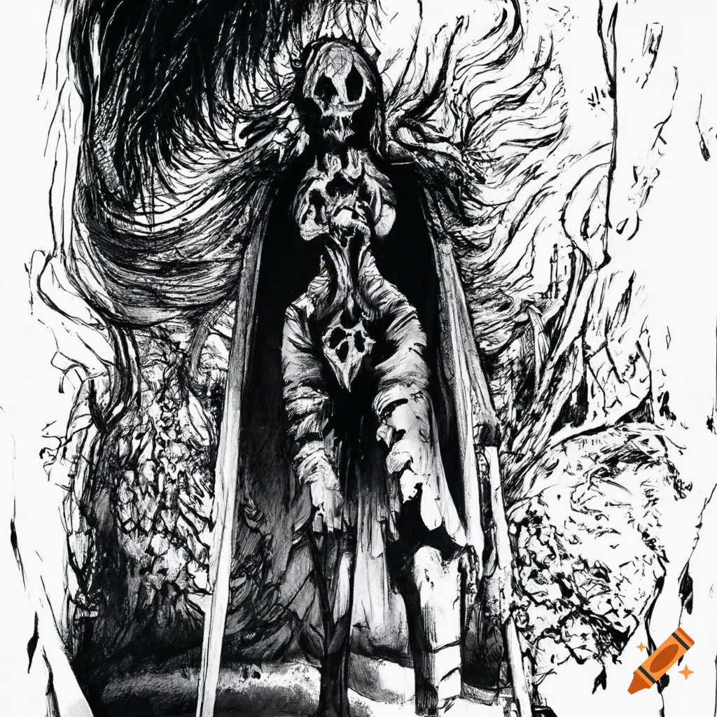 Death knight full-length portrait by Junji Ito in horror manga style