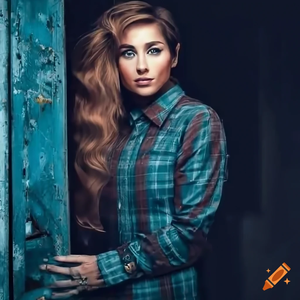 Young woman in country plaid shirt and high waist black leather trousers peeking through a derelict building door