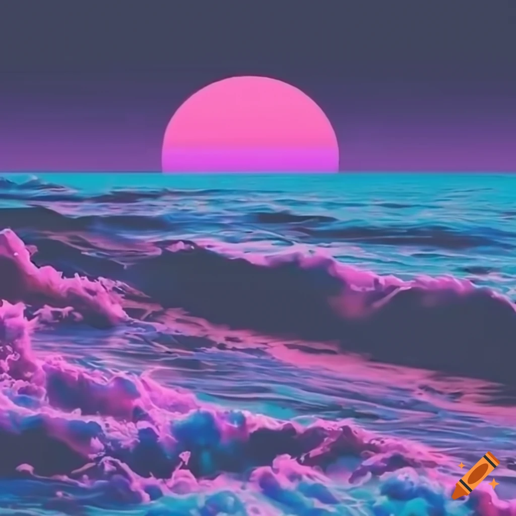 Pastel vaporwave tsunami on a rainbow beach