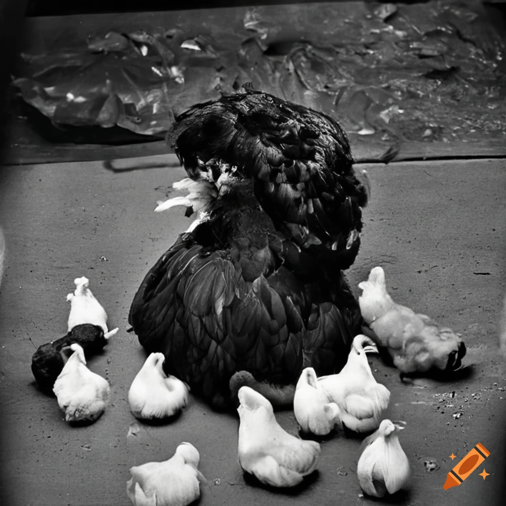 Jelly fungus wig on a large livestock farming black chicken surrounded by small chickens and trash in an airport hall