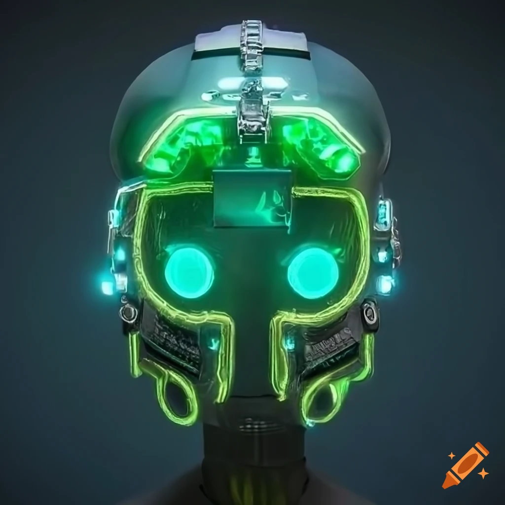 Cyberpunk helmet with Lovecraftian symbols and green gems