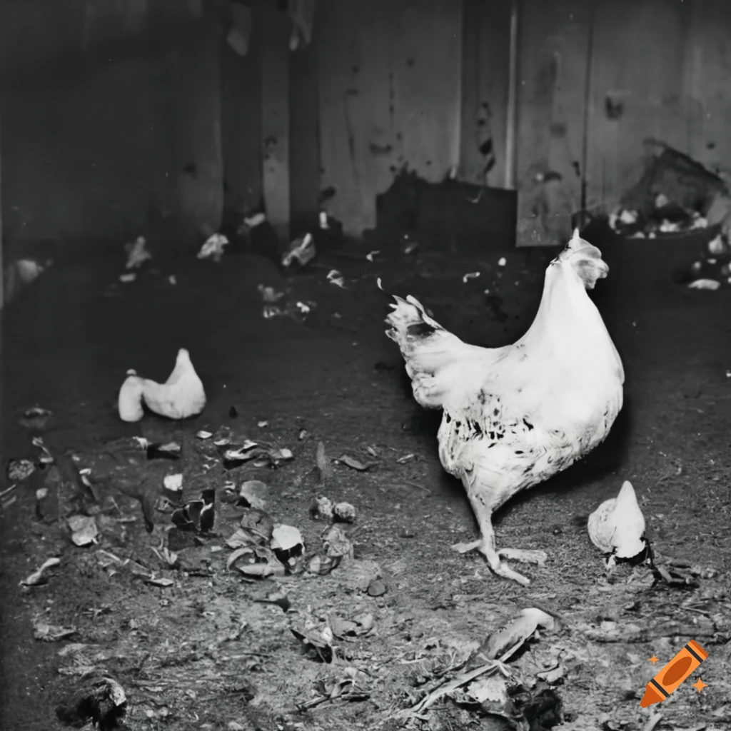 Jelly fungus wig head toupet livestock farming with black stained white chicken and small chickens in an airport hall