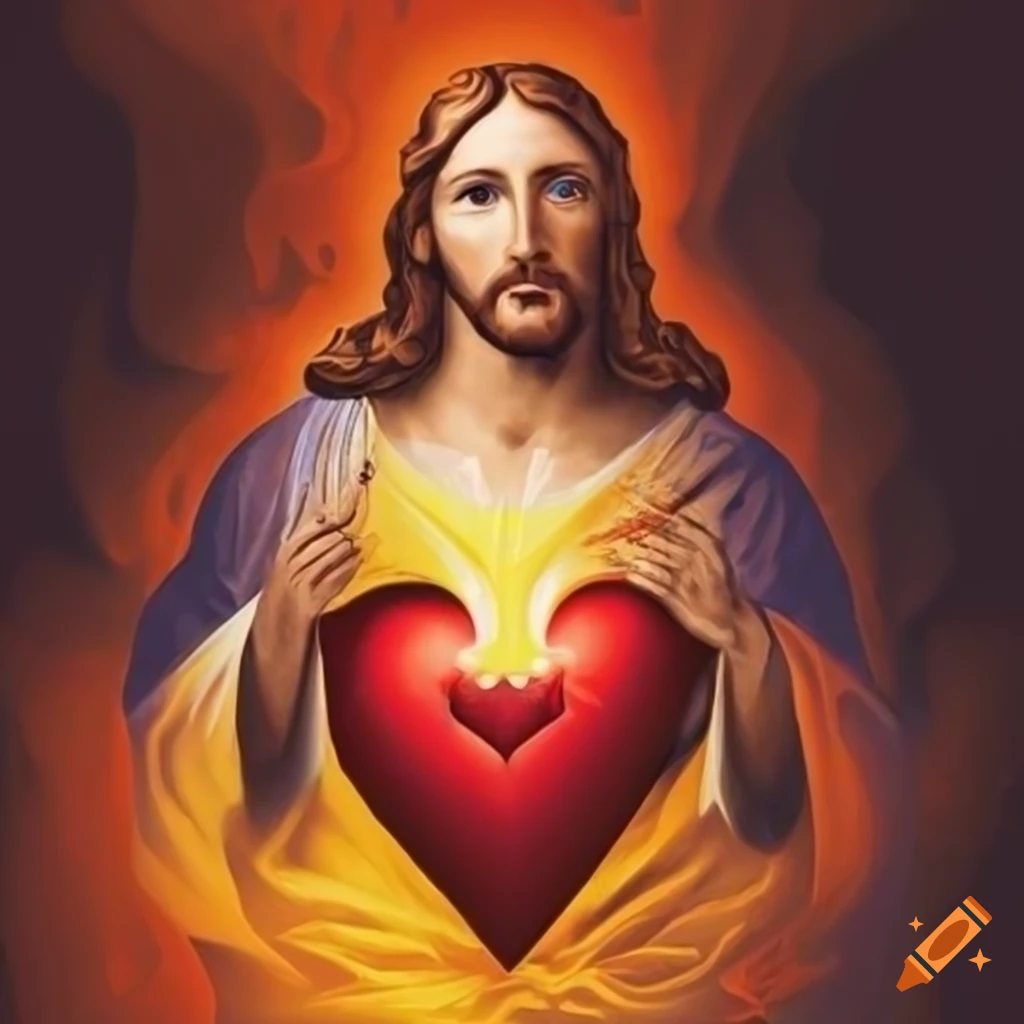 Illustration of a white flag with a Jesus heart design engulfed in orange and yellow flames