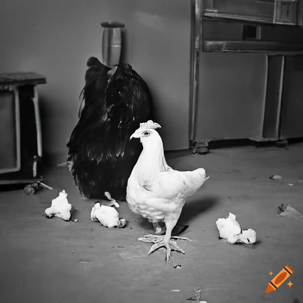Jelly fungus on a wig head with a white chicken surrounded by small chickens and garbage in an airport hall