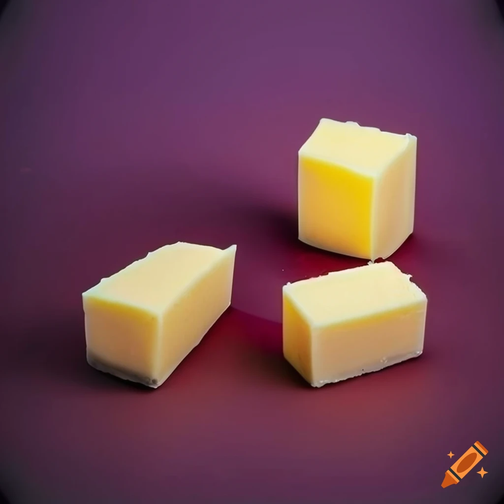 Blocks of butter in a vibrant red or purple background with a high-end studio fashion look