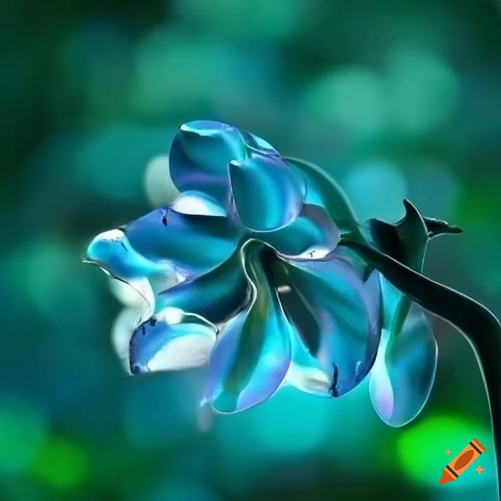 Blume unter Glas. Glas über Blume gestulpt. Hellblau, hellgrün. Blume unter, hinter Glas