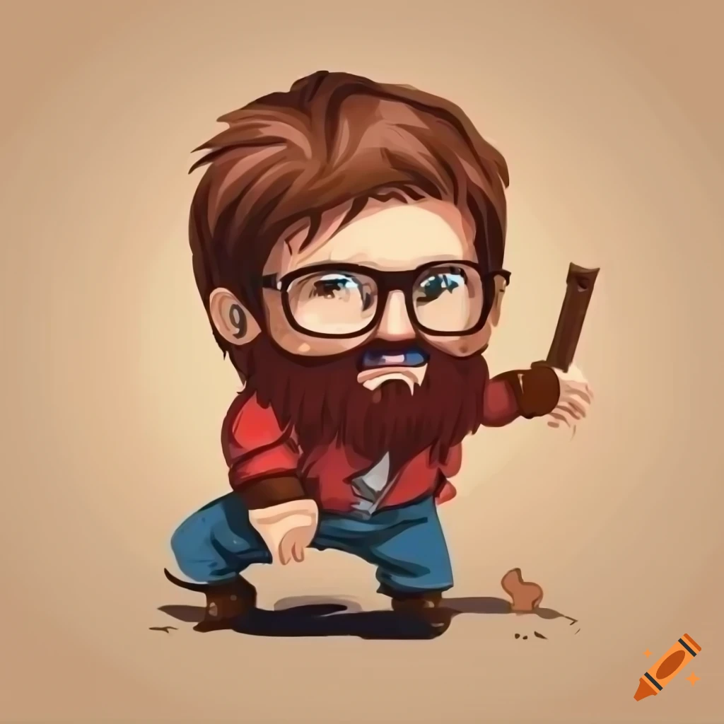 Chibi man with beard and glasses dressed as a lumberjack running
