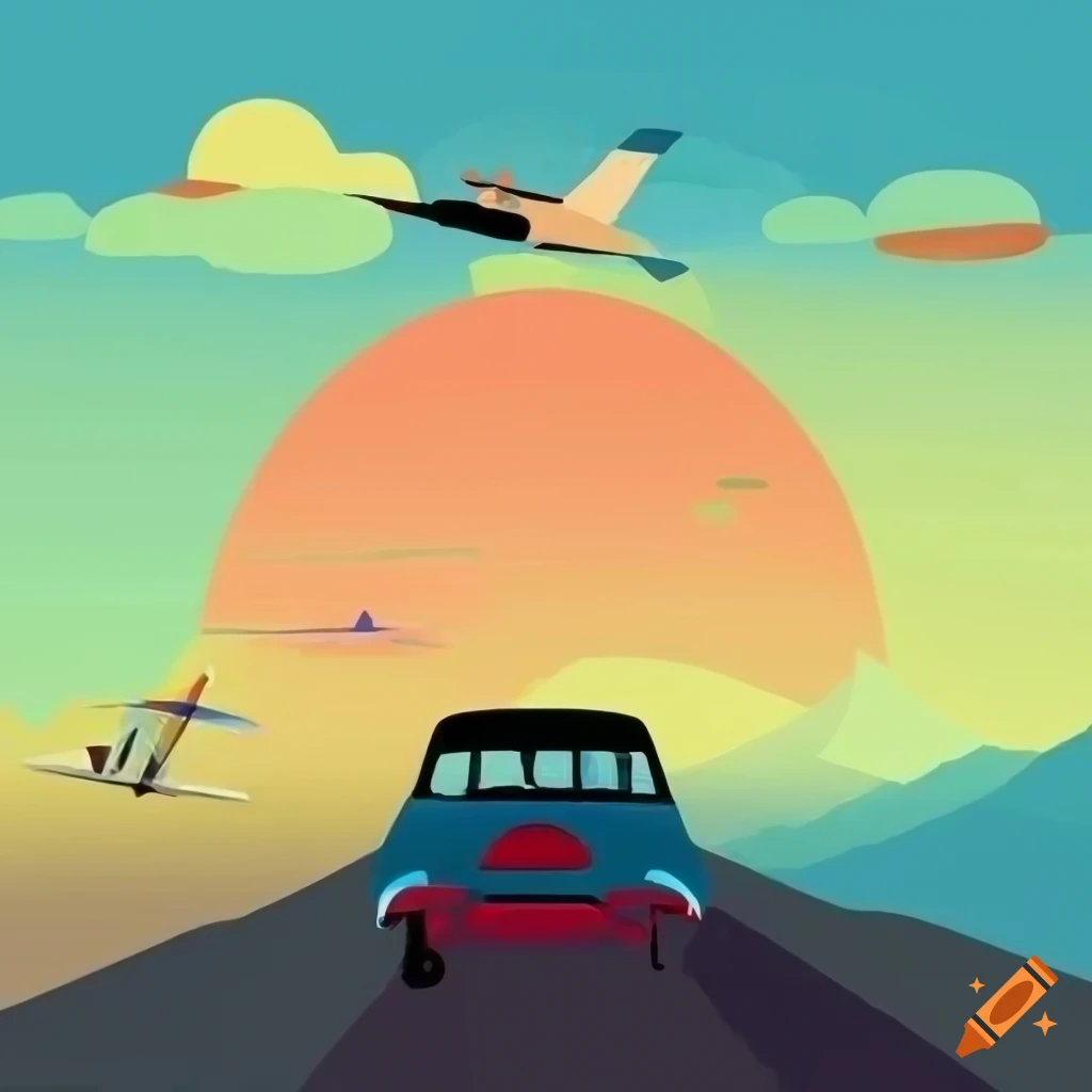 Colorful Kandinsky-inspired digital art of a car-aeroplane in a Spanish landscape