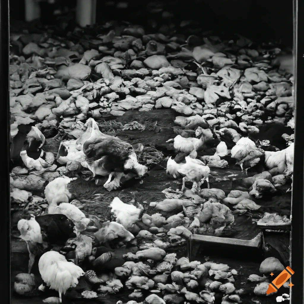 Jelly fungus surrounded by chickens and garbage in a market hall