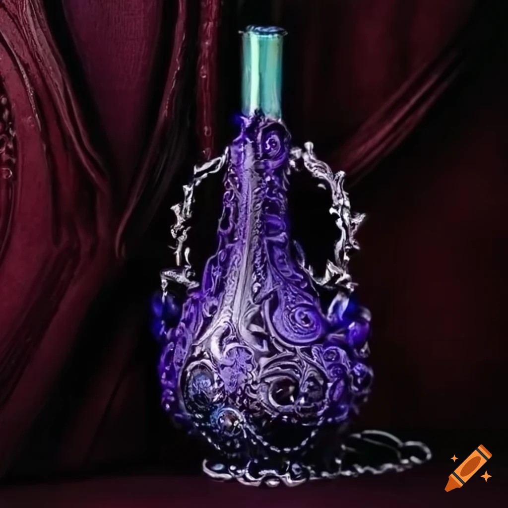 Intricately designed gothic flask with shimmering potion