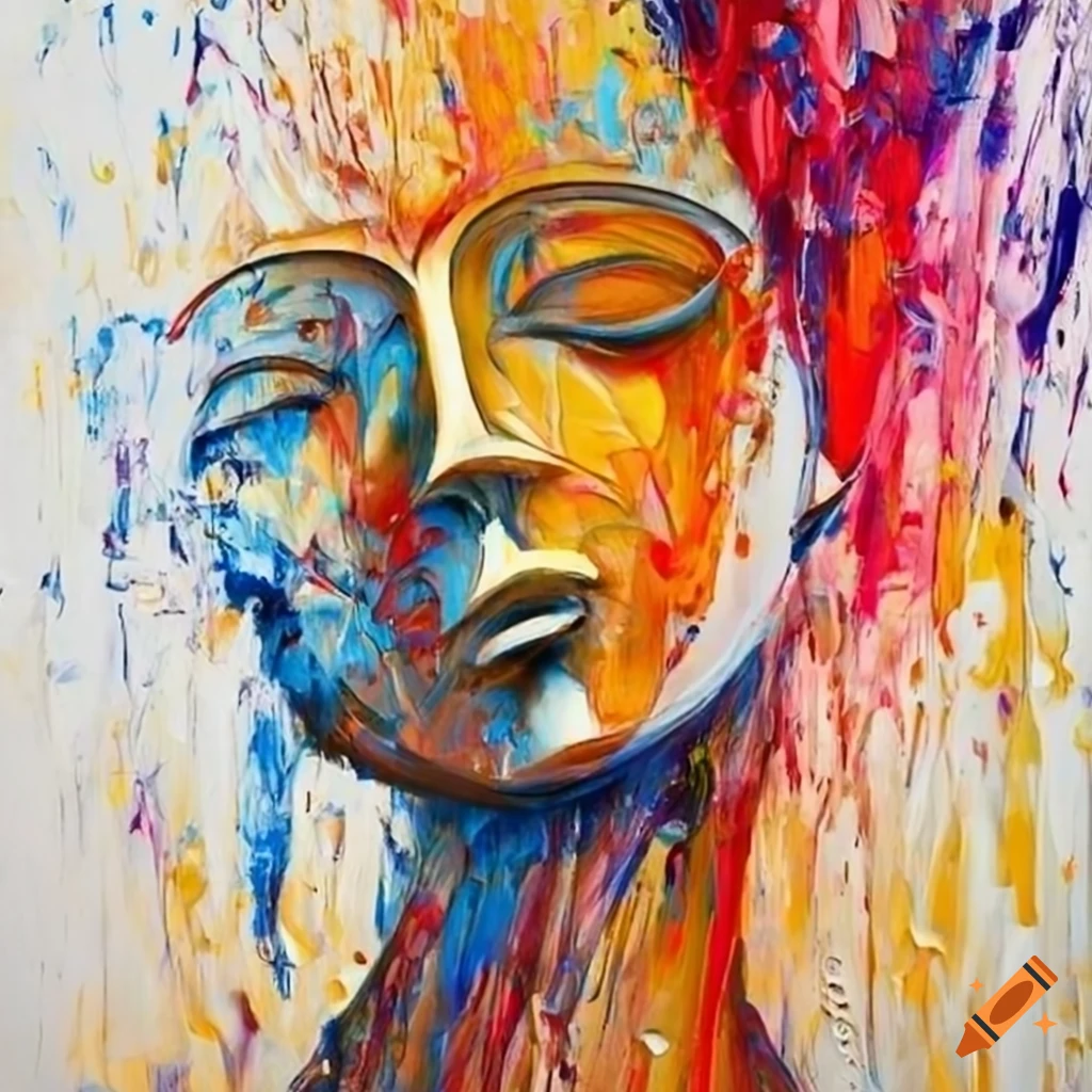 Abstract knife painting of a thinking statue in Julie Mehretu style