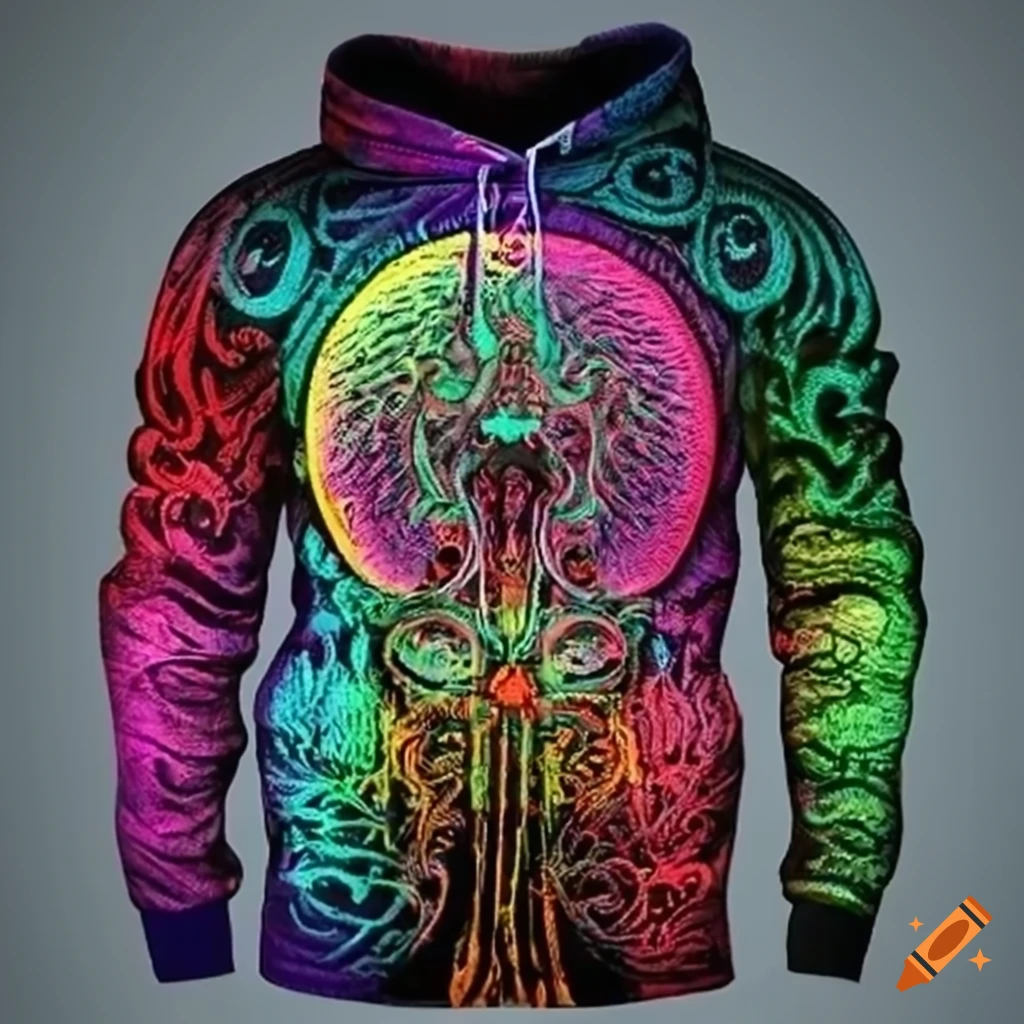 Colorful Lovecraft-inspired athletic hoodie design with intricate embroidery