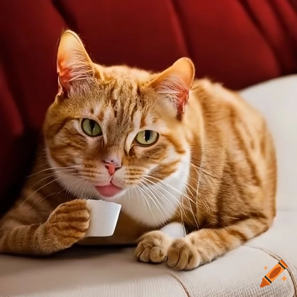 Red tabby cat enjoying coffee on a cozy couch