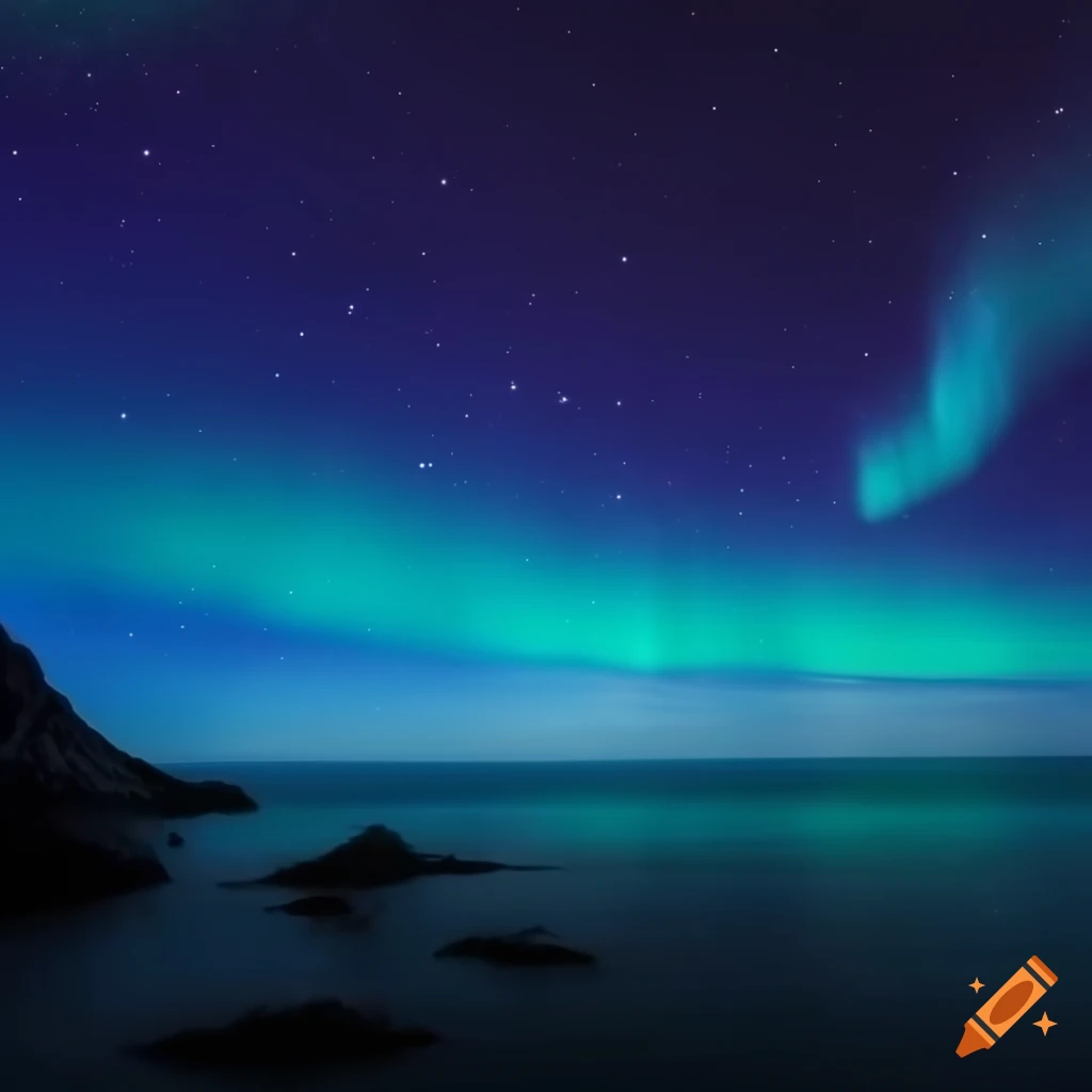 Northern Lights dancing above a secluded island in neon blue hues