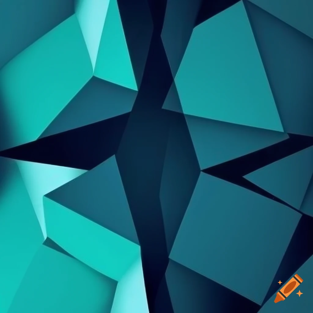 Graphic design process with blue, dark blue, green, and turquoise tones and geometric shapes