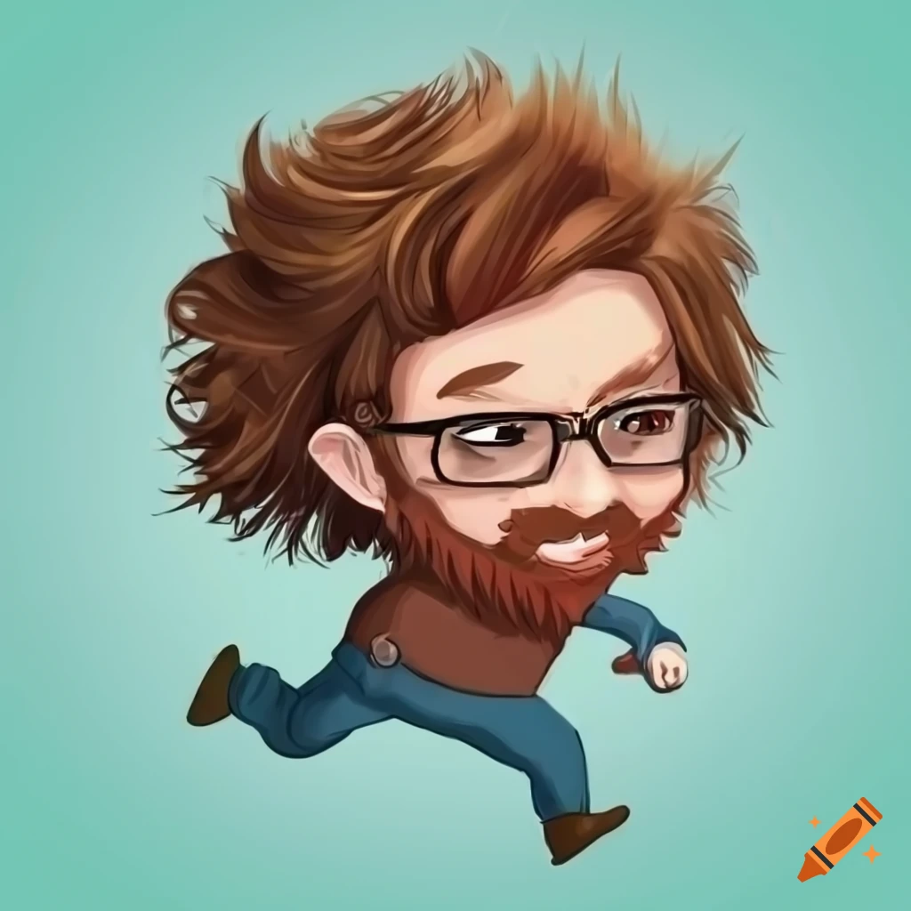 Chibi man with beard and glasses dressed as a lumberjack running