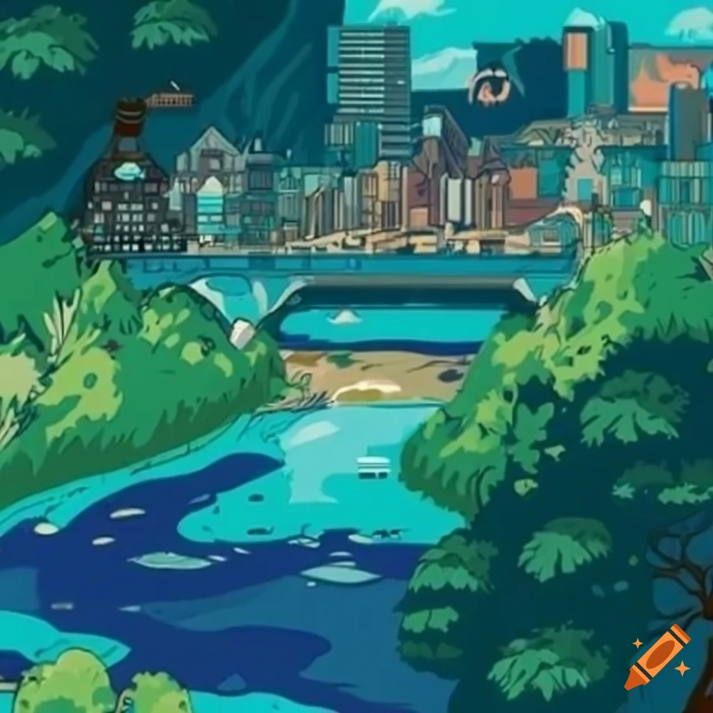 Sci-fi city with river and vegetation in Studio Ghibli style