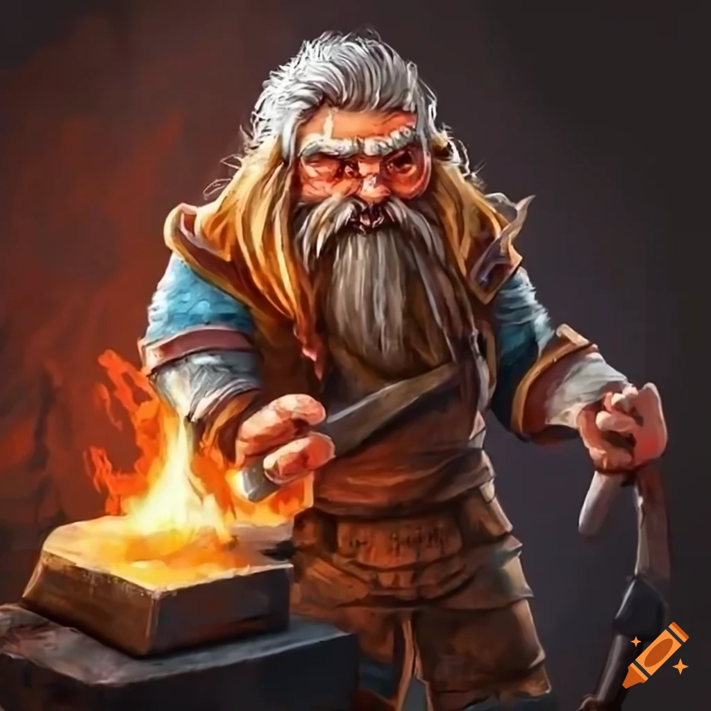 Bearded dwarf smith working at his anvil in a forge