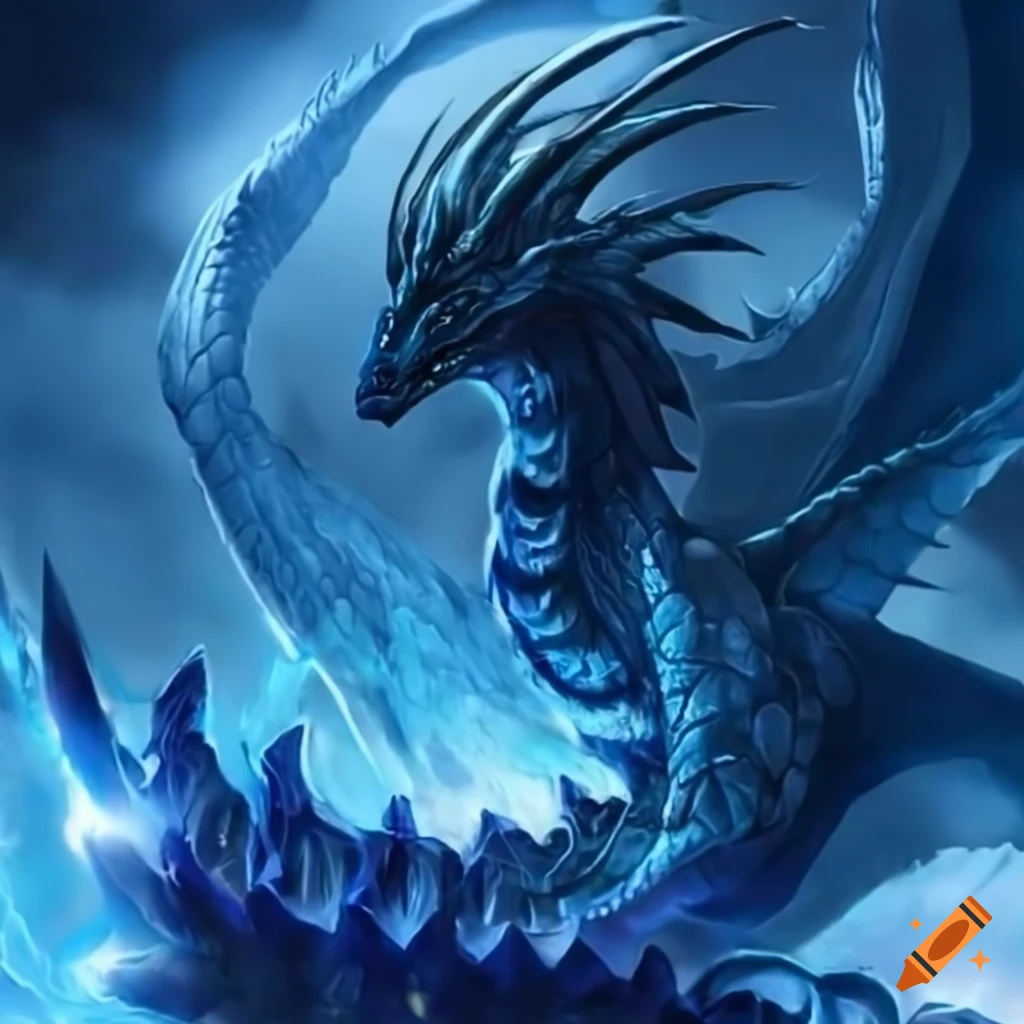 Resplendent icy-blue dragon in an epic scene