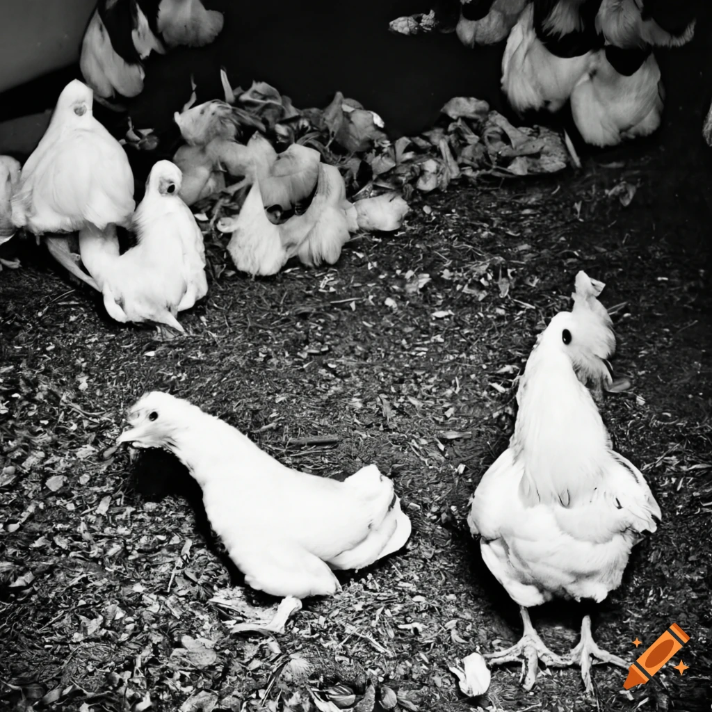 Jelly fungus chicken surrounded by swarming cluster chickens in airport hall, black and white