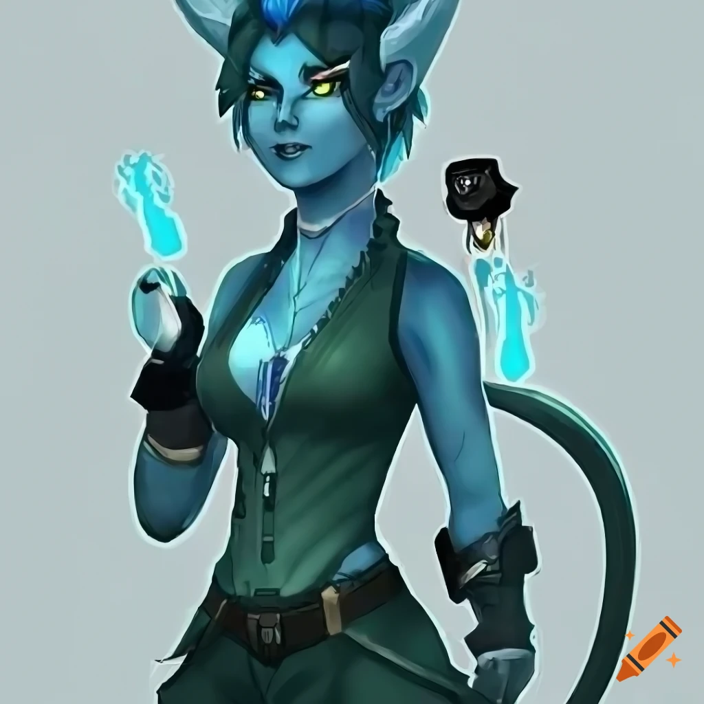 Youthful tiefling rogue named Raveena in urban street gear