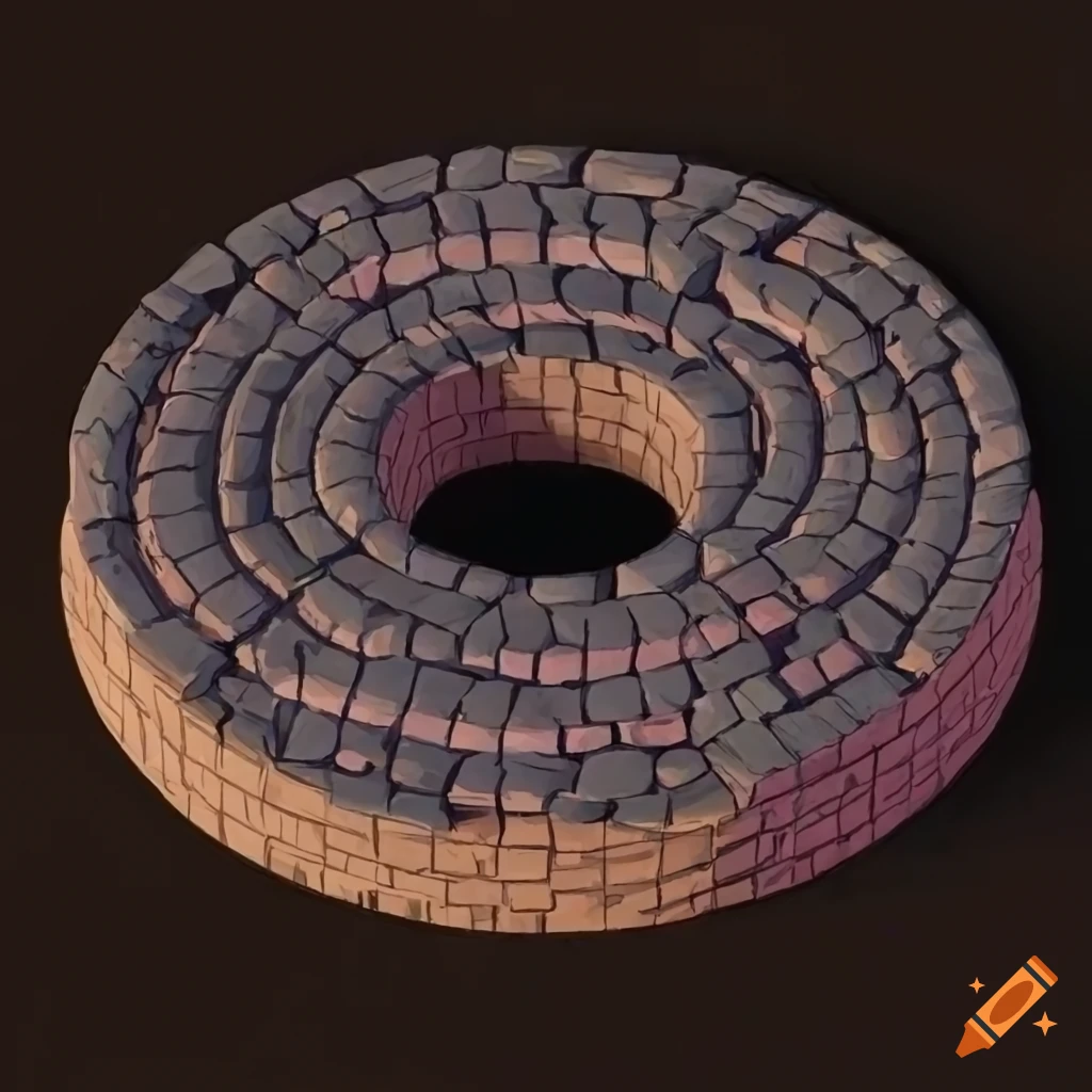 Isometric view of a deep round pit lined with stones