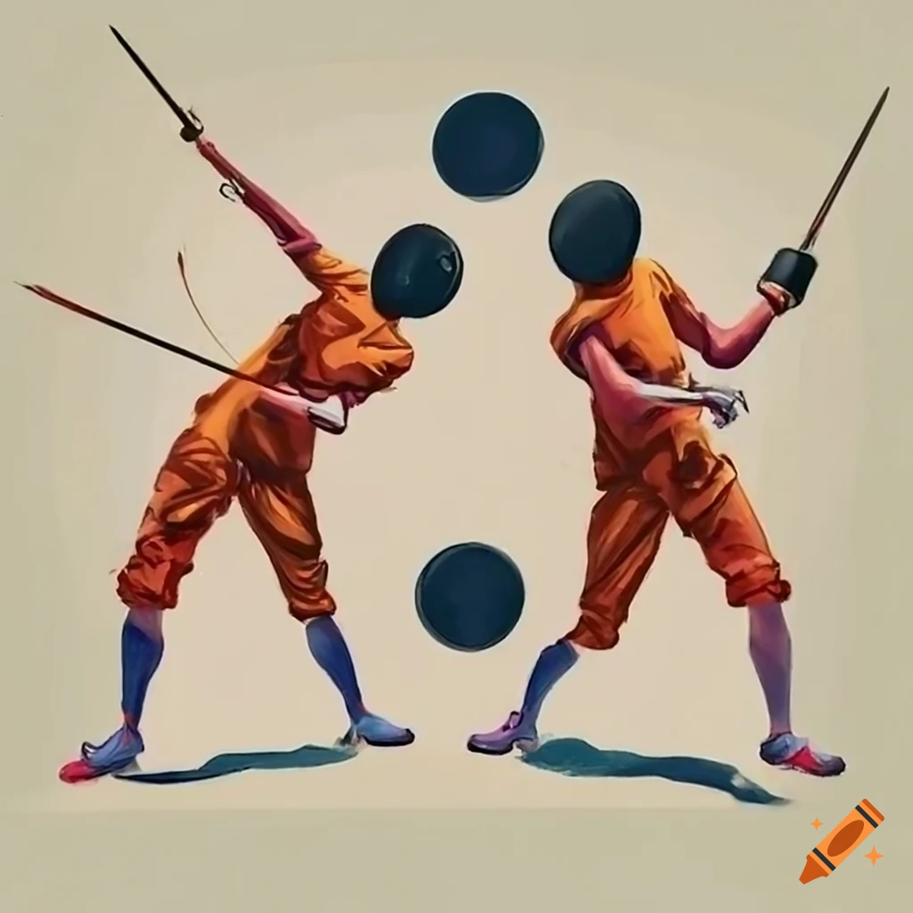 Realistic painting of two fencers engaged in fencing