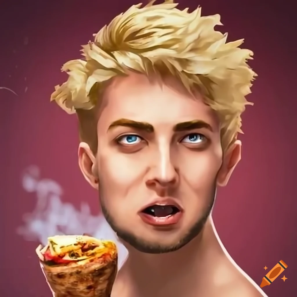 Shawarma raining on a happy blond European man