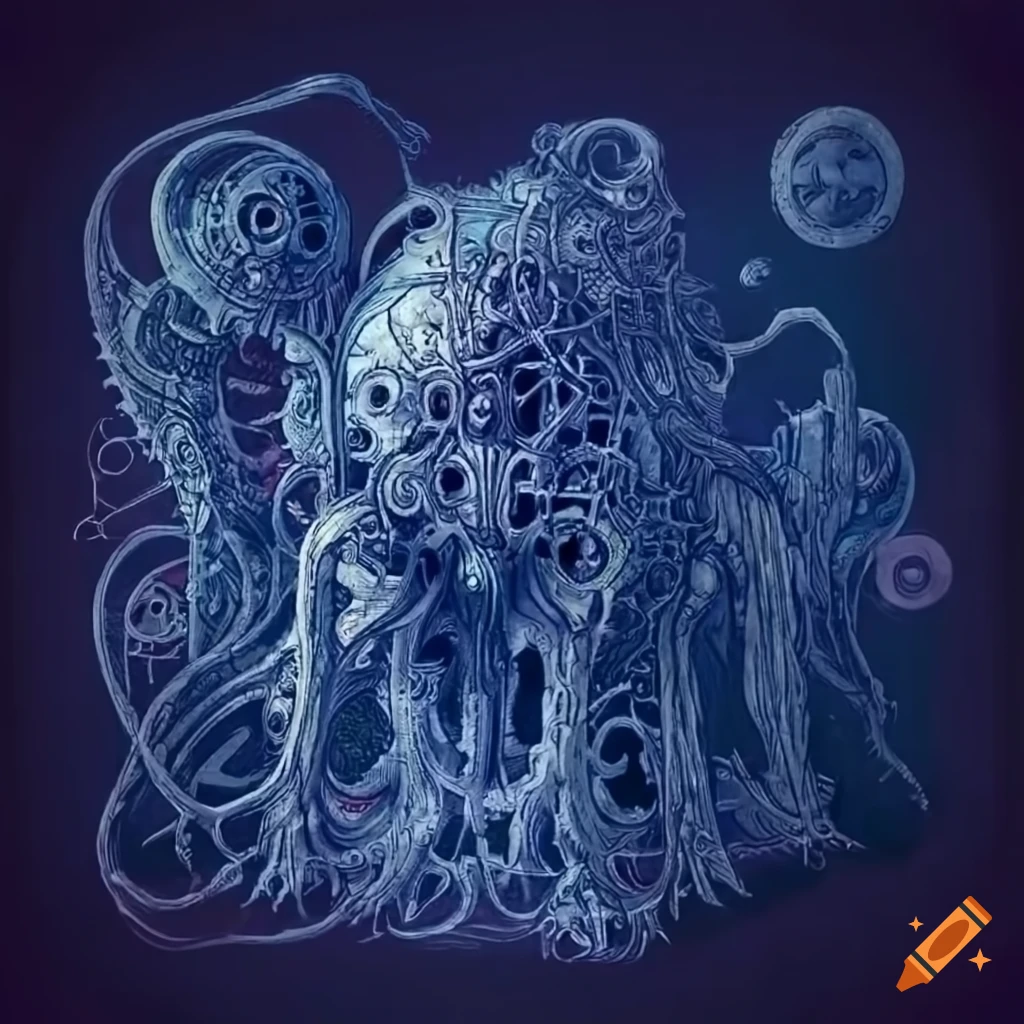 Lovecraftian-inspired machine blueprint with intricate mechanical details