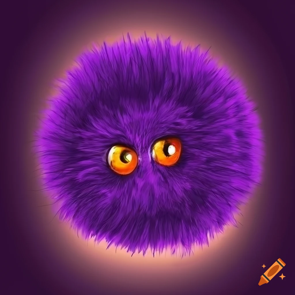 Purple furry ball with orange eyes on a purple universe background