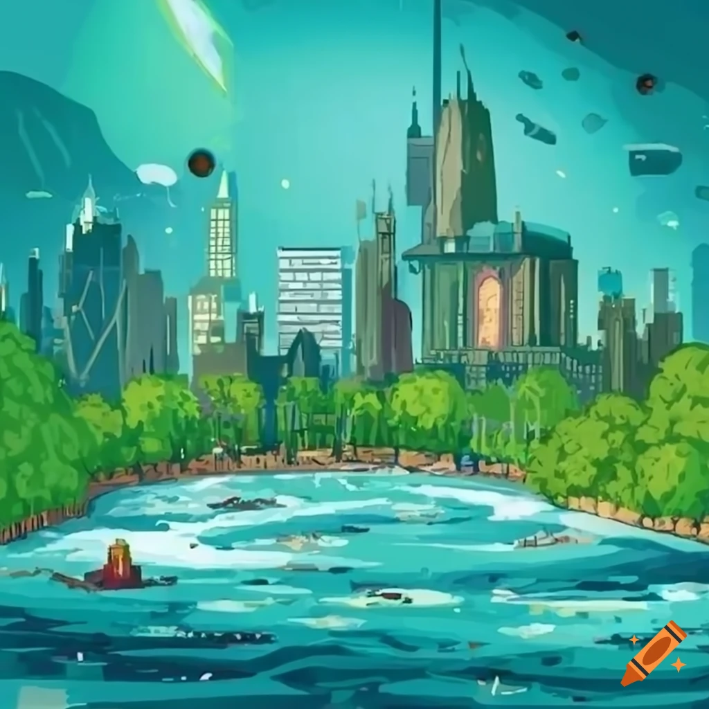 Sci-fi city with river and vegetation in Studio Ghibli style