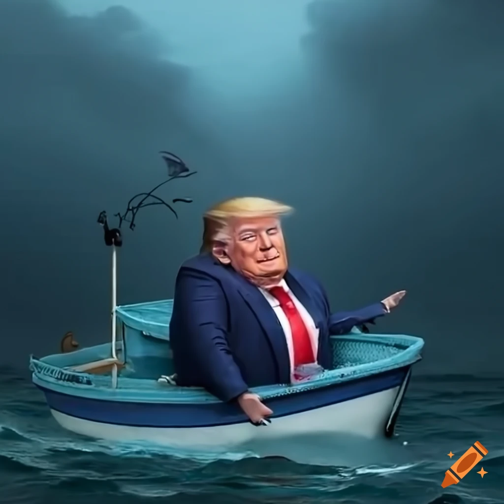 Satirical depiction of Donald Trump in a small boat chased by a giant ...