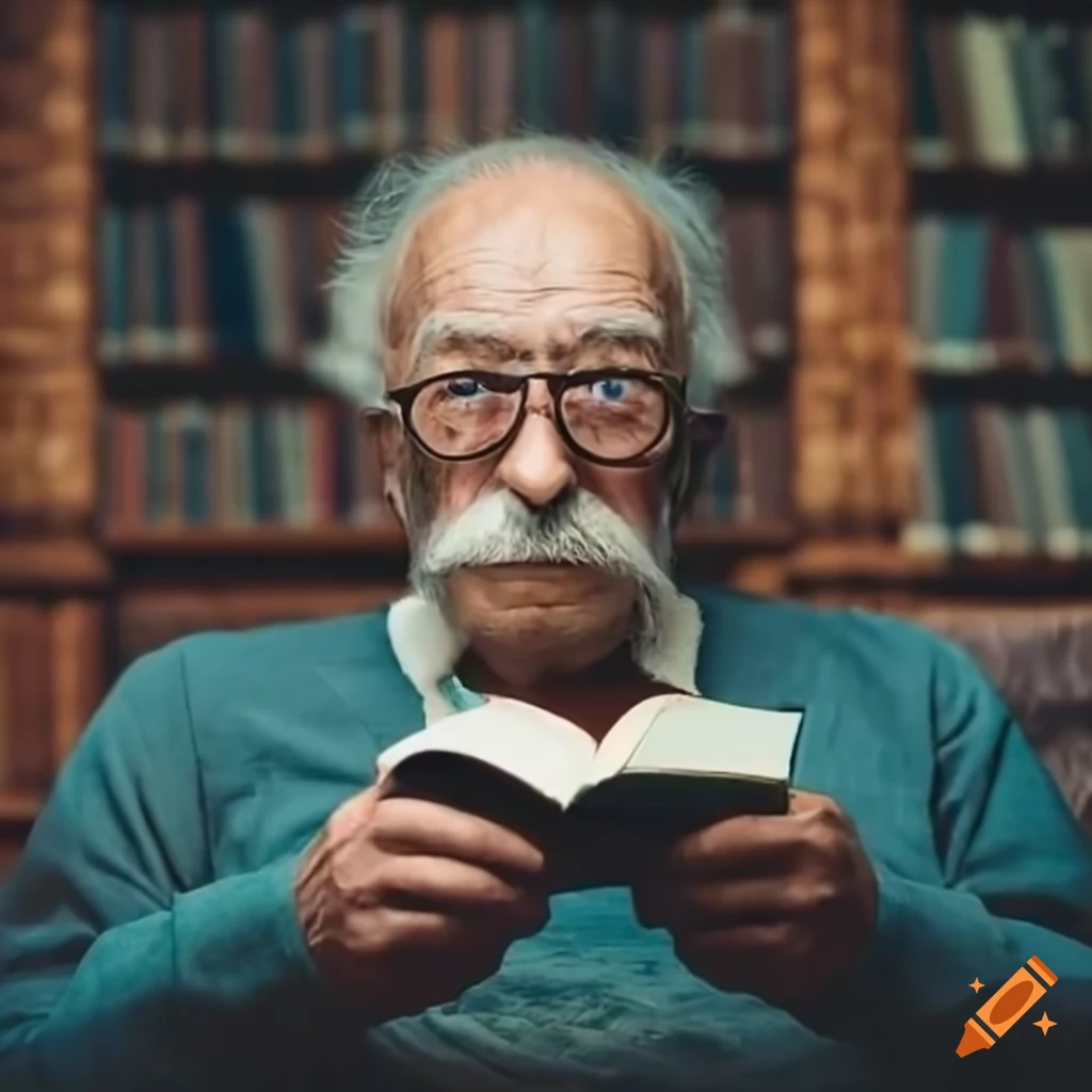Old man with glasses sitting in an armchair holding an open book in a library