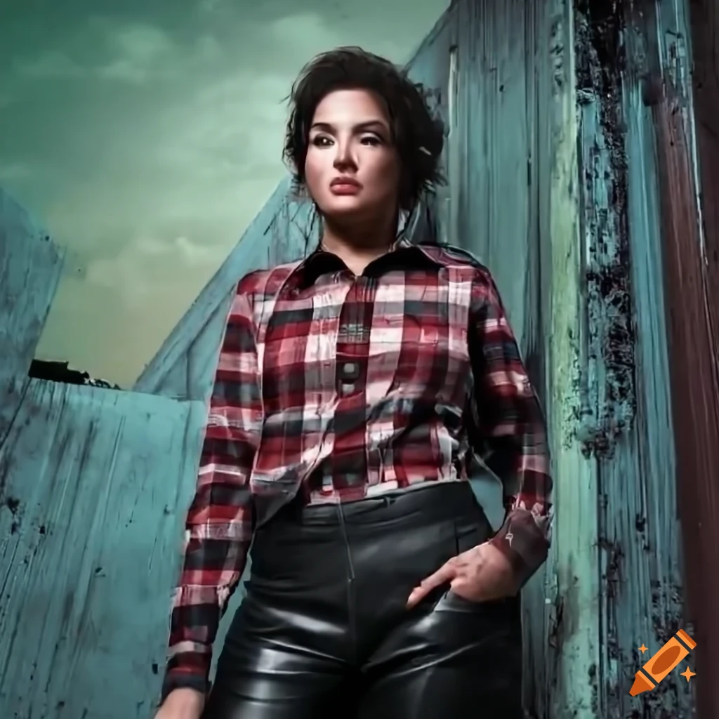 Young woman in country plaid shirt and high waist black leather trousers peeking through a derelict building door