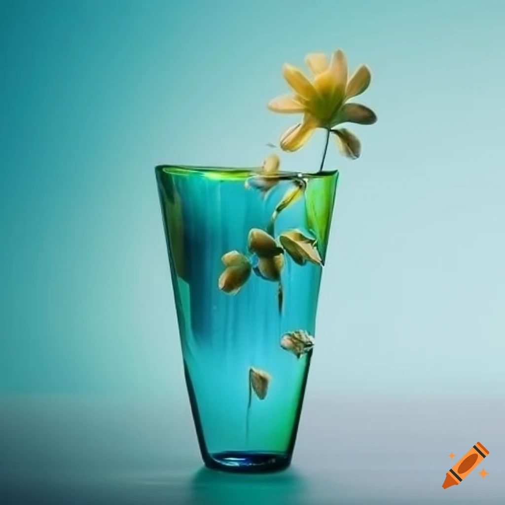 Flower under glass, sculpted glass over flower, light blue, light green on Craiyon