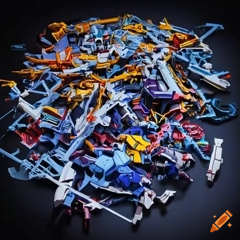 Abstract chaotic pile of fused gundam models