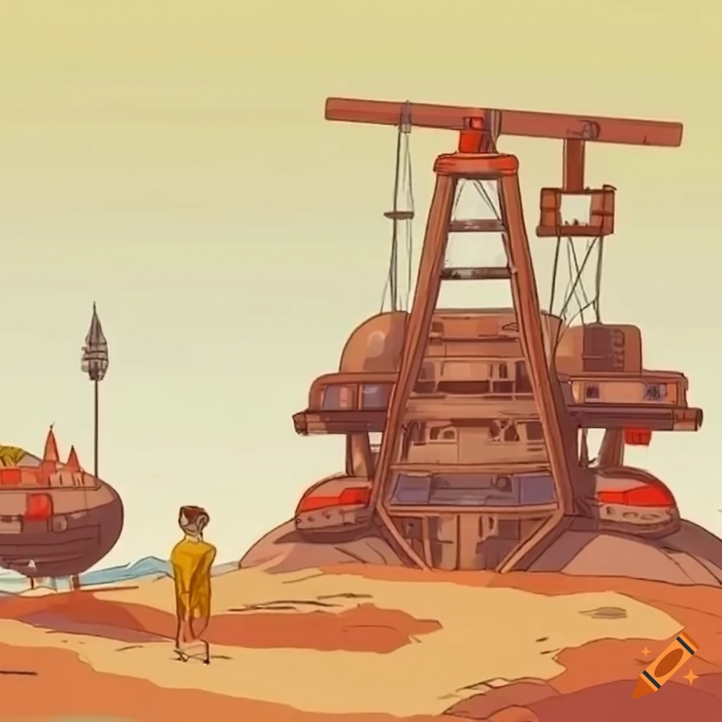 Studio Ghibli style sci-fi dropship in a desert oilfield