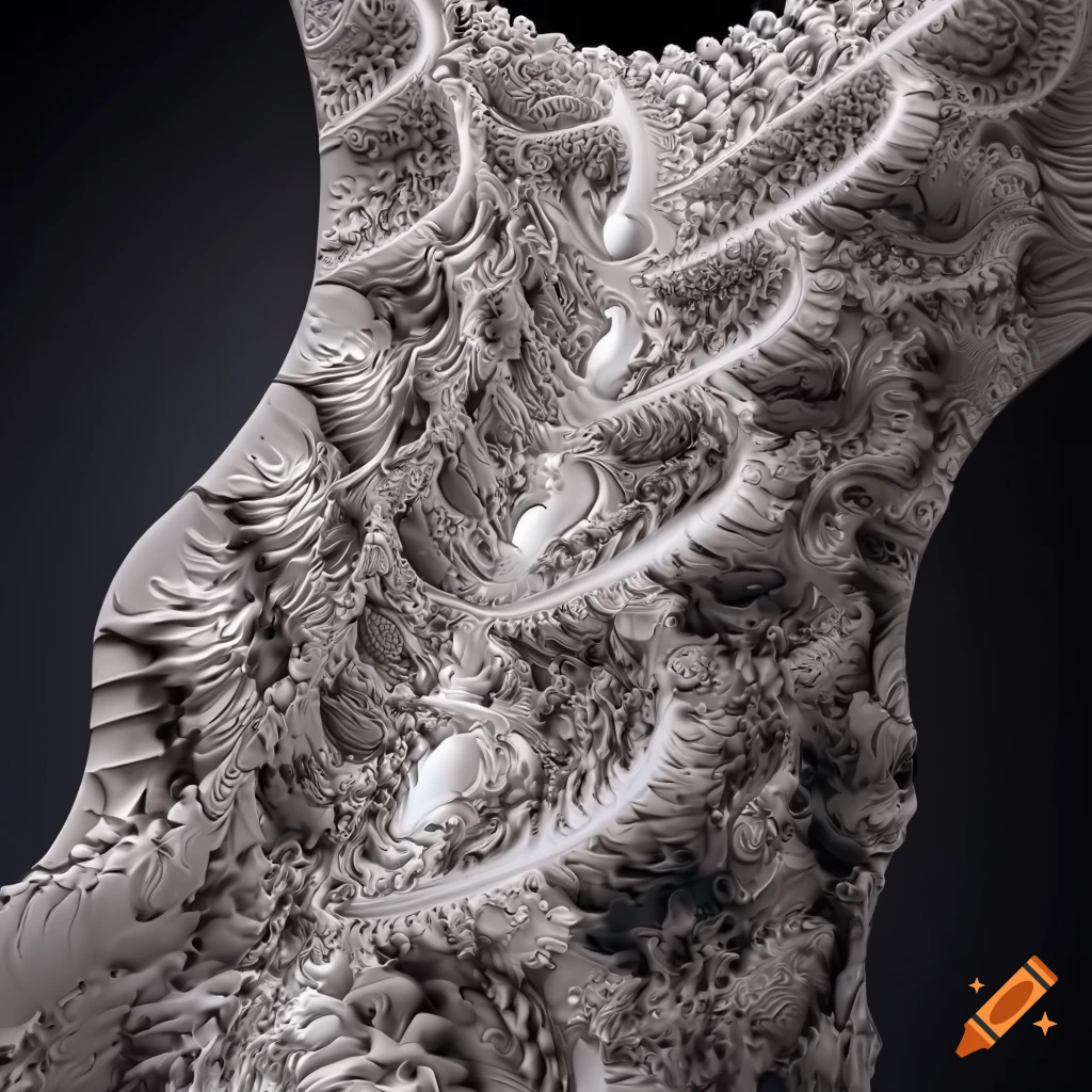 Shiny porcelain sculpted ultra HD quality biomimetic white marble fractal sculpture