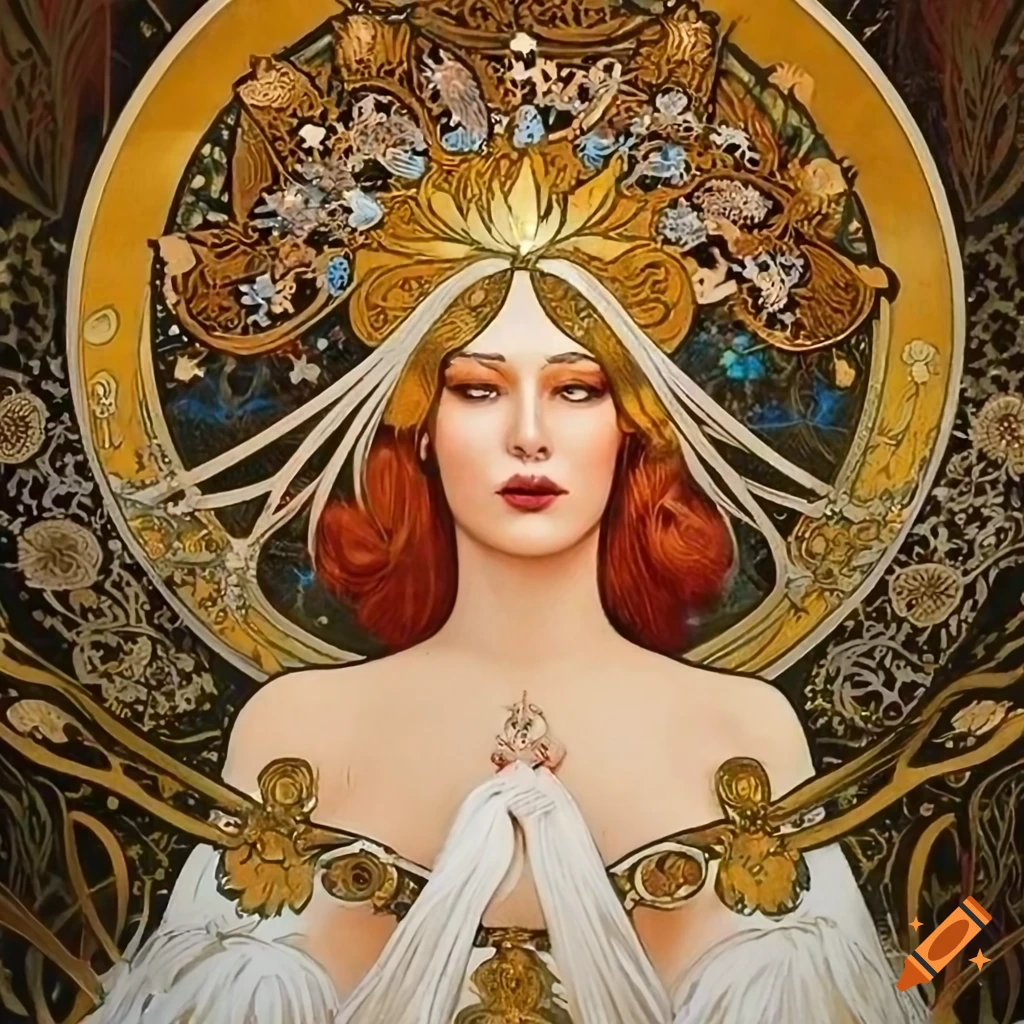 Celestial goddess in white leather with intricate golden designs