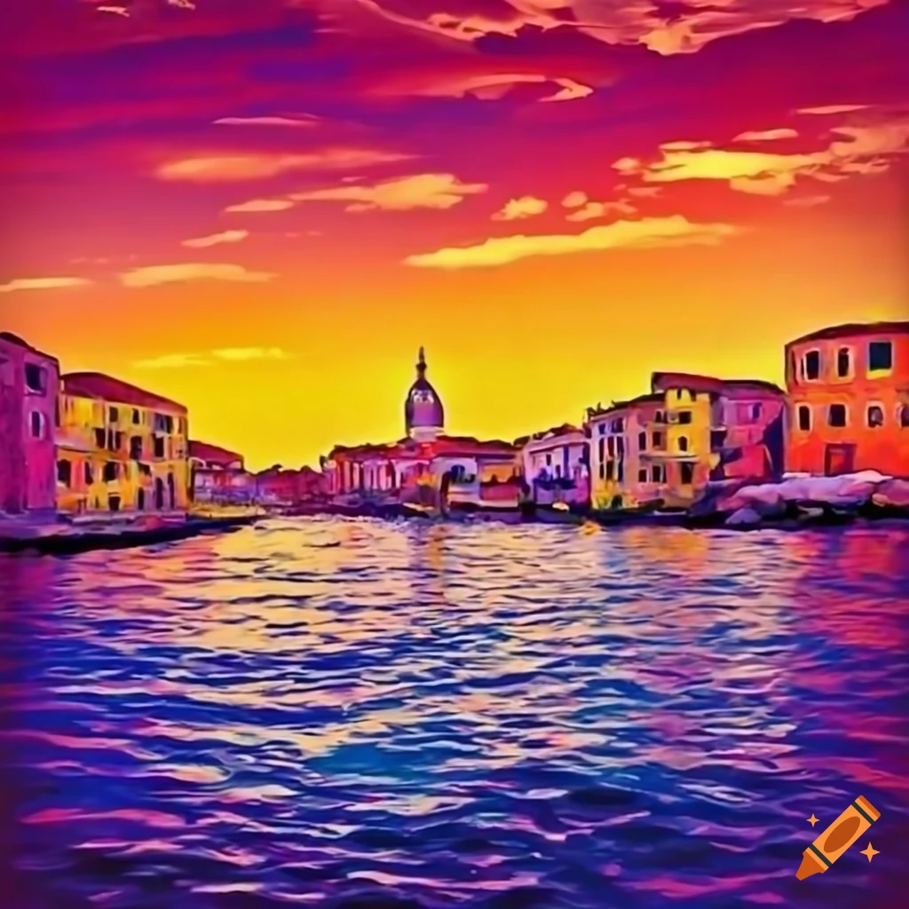 Bright Venetian cityscape at sunset with vibrant colors