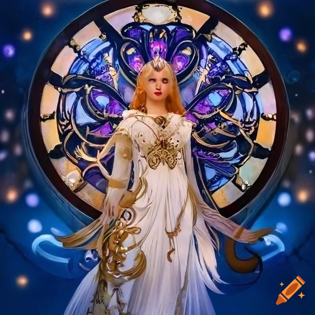 Celestial goddess in white leather with intricate golden designs