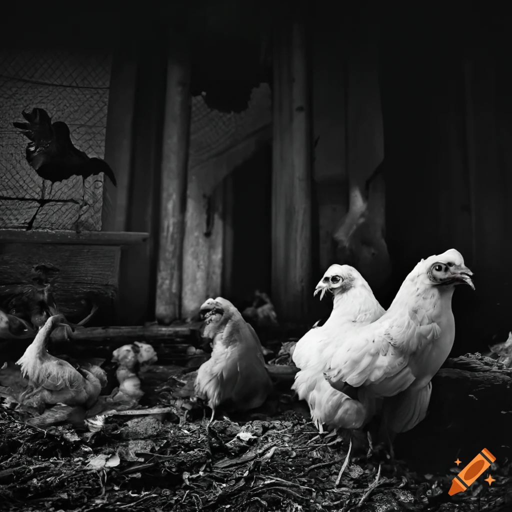 Furry white chicken shadow monster surrounded by small chickens and ...