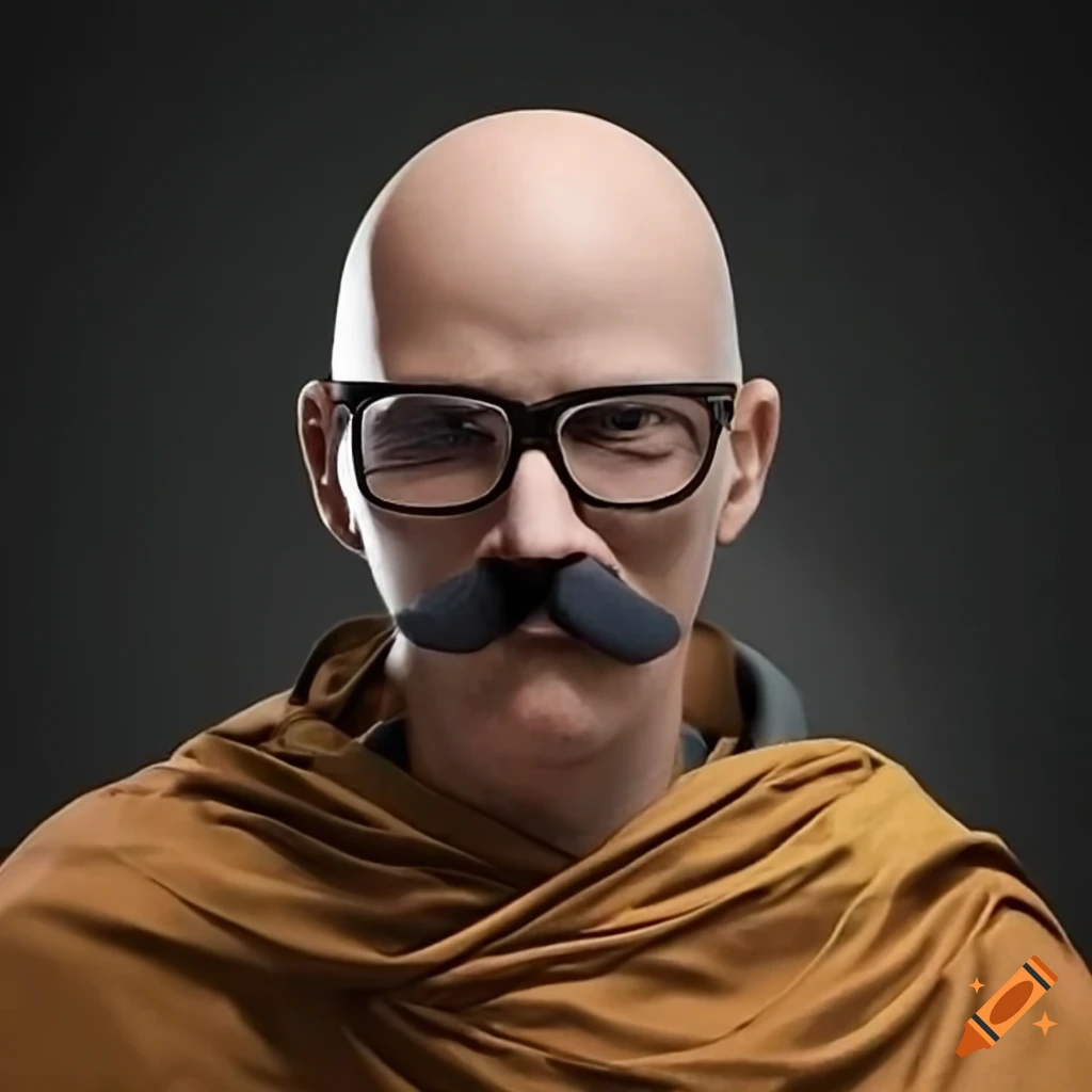 Bald monk with glasses and mustache in camouflage robe